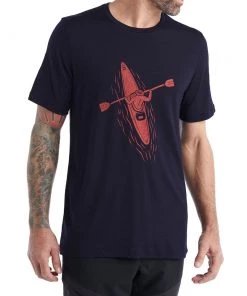 Icebreaker Merino Tech Lite II Mens T-Shirt Paddle Lines Navy Blue