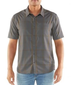 Icebreaker Merino Hybrid Mens Collared Dress Shirt Plaid Grey Ochre L