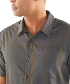 Icebreaker Merino Hybrid Mens Collared Dress Shirt Plaid Grey Ochre 2XL -Cheap Icebreaker Shop 103611004 7 3