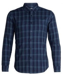 Icebreaker Mens Merino Hybrid Compass Flannel LS Shirt Dark Night Heather/Granite Blue/Plaid 2XL